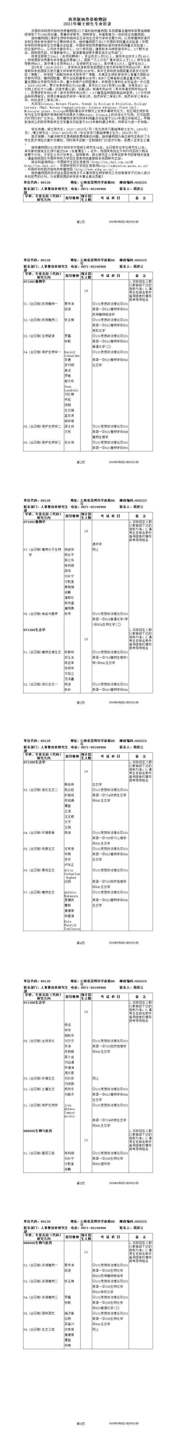 中国科学院西双版纳热带植物园2021年硕士研究生招生专业目录