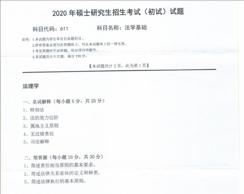 考研真题：西南科技大学2020年硕士自命题试题611法学基础