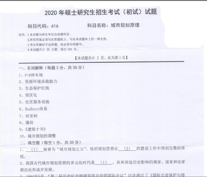 考研真题：西南科技大学2020年硕士自命题试题616城市规划原理